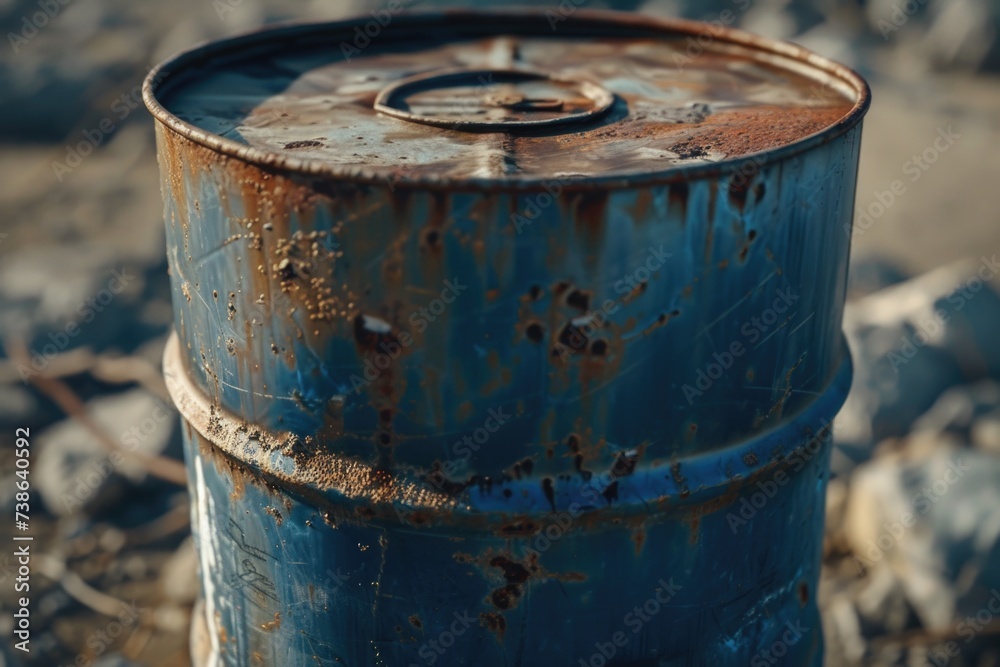 A rusty barrel sits atop a pile of rocks. This image can be used to depict industrial decay or as a symbol of recycling and repurposing A rusty barrel sits atop a pile of rocks. This image can be used to depict industrial decay or as a symbol of recycling and repurposing