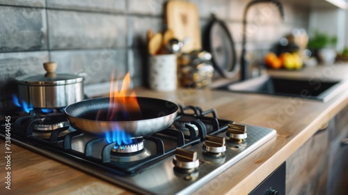 A stove top with a frying pan placed on it. Suitable for kitchen and cooking-related themes