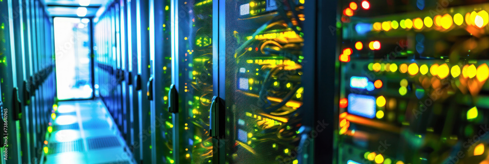 Obraz premium Banner with data center with multiple rows of operational server racks. Modern telecommunications, cloud computing, artificial intelligence, database concept.