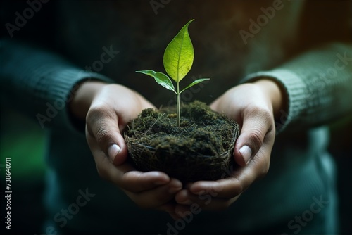Earth Day background with a person gently holding a seedling in both hands