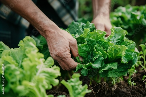 closeup farmer's hand holding and picking up the green lettuce salad leaves with roots