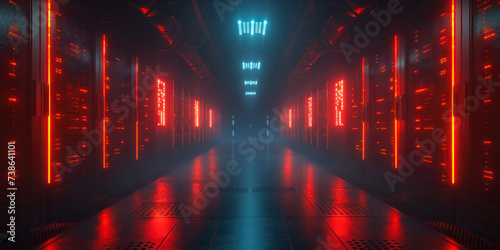 Banner with data center with multiple rows of operational server racks. Modern telecommunications, cloud computing, artificial intelligence, database concept. © julijadmi