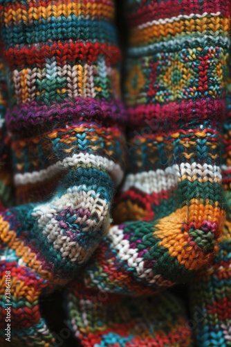 A detailed view of a vibrant knitted scarf. Perfect for adding a pop of color to any outfit. © Fotograf