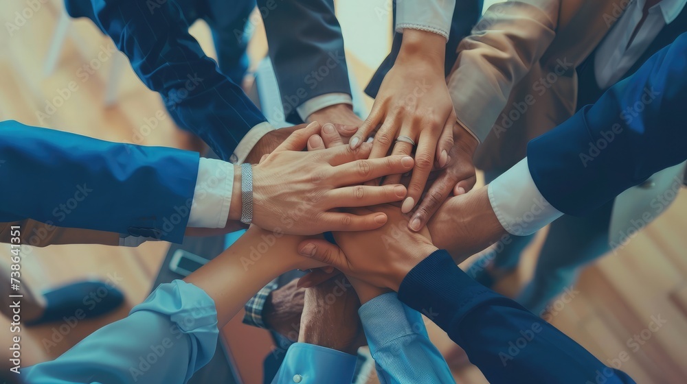 Close up top view of young business people putting their hands together. Stack of hands. Unity and teamwork concept.