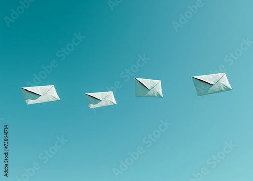 Many white envelopes floating in the air against a vibrant blue sky background, symbolizing communication, correspondence, and innovation