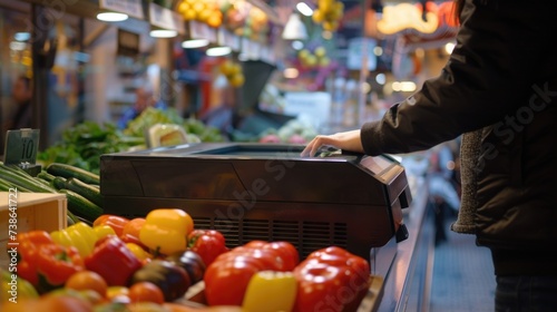 A person standing in front of a display of fresh vegetables. This image can be used to showcase healthy eating, grocery shopping, or farm-to-table concepts