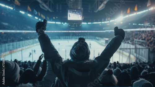 Happy fan cheer large ice hockey arena. Big game stadium. Cheerful man raise hands up. World championship match. Many men rejoice players win. People watch hockey competition. Professional sport rink.