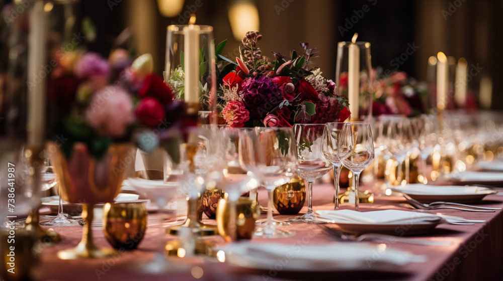Zastawa stołowa na przyjęciu weselnym - dekoracja stołu weselnego w ogrodzie przez florystę i dekoratora. Piękne bukiety kwiatów na stoliku	 - obrazy, fototapety, plakaty 