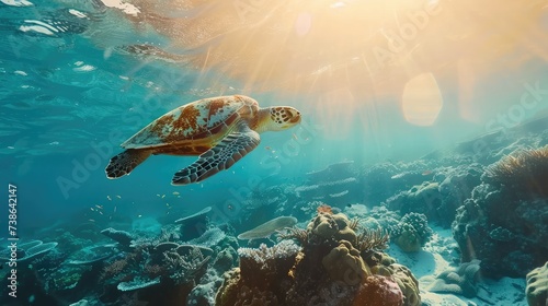Underwater wildlife with animals, Divers adventures in Maldives. Sea turtle floating over beautiful natural ocean background. Coral reef lit with sunlight trough water surface. © buraratn