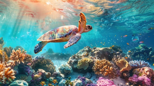 Underwater wildlife with animals, Divers adventures in Maldives. Sea turtle floating over beautiful natural ocean background. Coral reef lit with sunlight trough water surface.