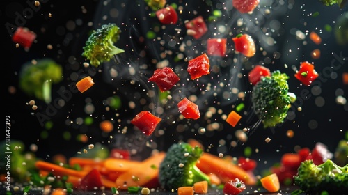 carrots broccoli and red meat pieces flying in the air  black background  