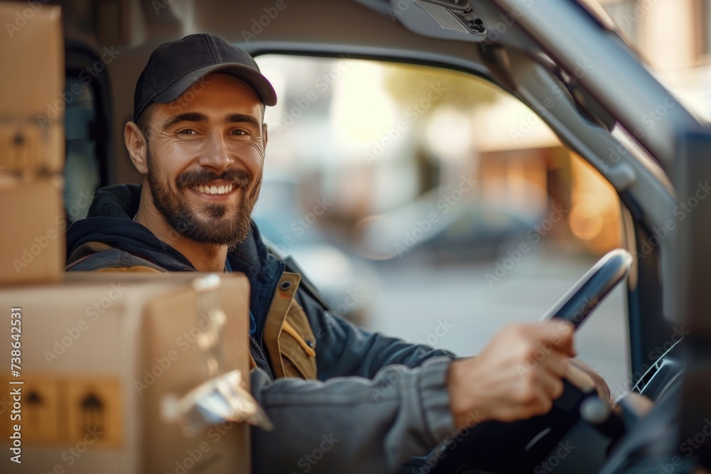 smiling driver with uniform driving car in the shape of box parcel,delivery concept smiling driver with uniform driving car in the shape of box parcel,delivery concept