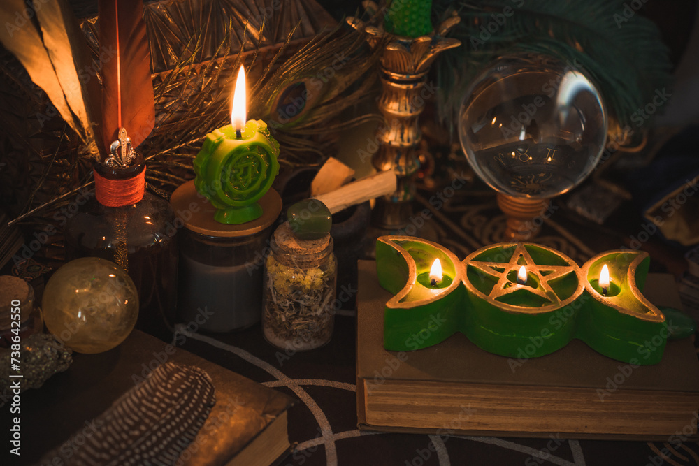 Altar of modern witch. Candles and oracle stuff on a table. Mental work with energetic. Some rite and fate prediction illustration