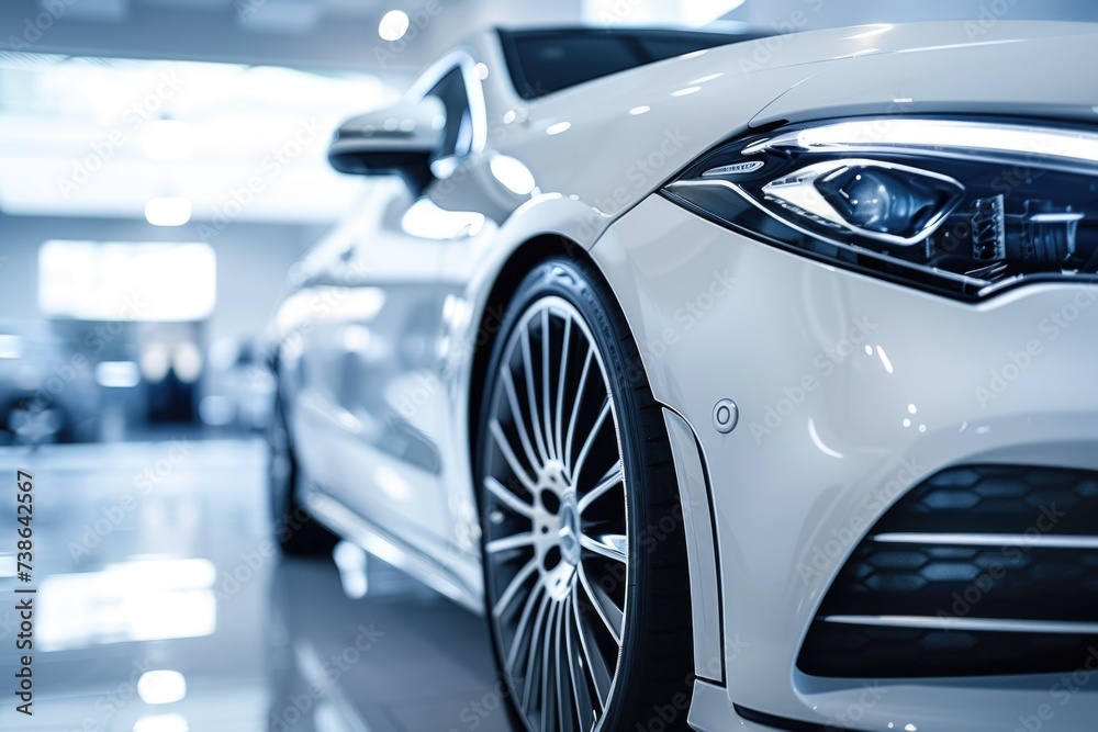 A detailed view of a white car on display in a showroom. Ideal for automotive or car-related marketing materials