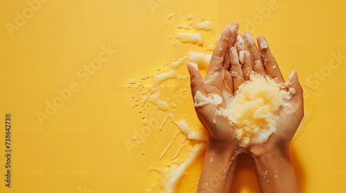 Portrait of female hand scrubbing hand against a yellow backdrop with a big empty space for text or product, Generative AI. photo
