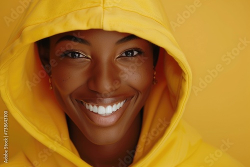 A woman wearing a yellow hoodie smiles directly at the camera. This image can be used to convey happiness, positivity, and approachability © Fotograf