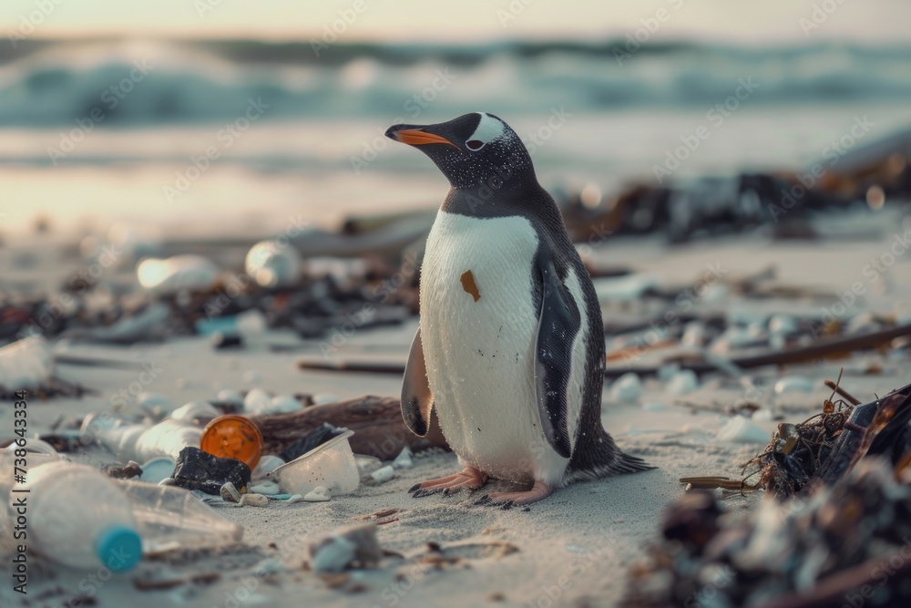 Naklejka premium A penguin standing on a beach next to garbage. Suitable for environmental themes and pollution awareness campaigns