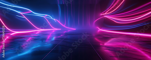 Panoramic 3D render of dynamic neon lines glowing in a dark room, with floor reflections creating a virtual fluorescent ribbon. 