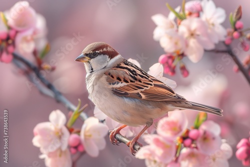 Sparrows Find Refuge Amid Blossoming Flowers on Tranquil Spring Tree Branch © yevgeniya131988