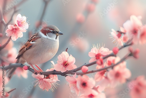 Sparrows Find Refuge Amid Blossoming Flowers on Tranquil Spring Tree Branch