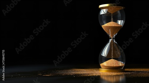 Portrait of sand clock against a studio dark backdrop with space for text or product, Generative AI. © Electro Unicorn