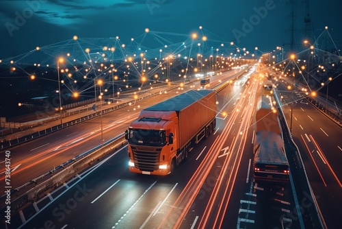 Portrait of logistic trucks a connection type backdrop with blurry backdrop with space, Generative AI. photo