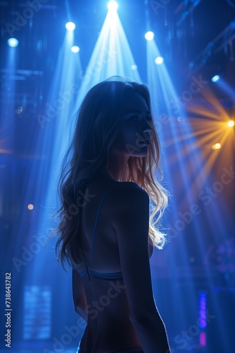 Party Girl Dances Amidst Blue and Yellow Lights for Captivating Nightclub Poster