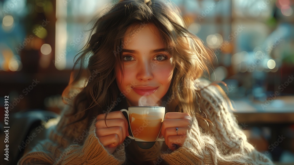 Woman Enjoying a Cup of Happiness in a Modern, Light Filled Cafe with a Happy Smile Woman Enjoying a Cup of Happiness in a Modern, Light Filled Cafe with a Happy Smile
