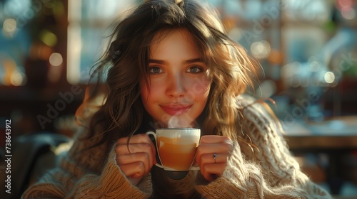 Woman Enjoying a Cup of Happiness in a Modern, Light Filled Cafe with a Happy Smile
