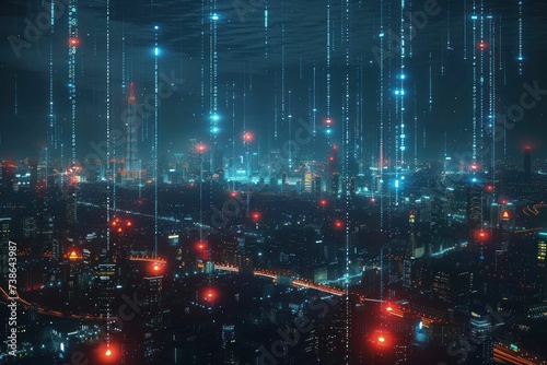 Augmented reality view of a 5G network overlaying a city  with data points and connectivity stats floating in space