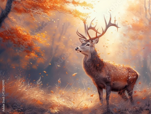 Deer with autumn leaves antlers misty woods enchanting grace