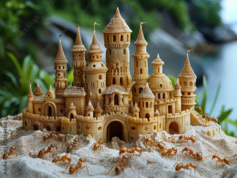 Amber ants building intricate castles in the sand a miniature kingdom - obrazy, fototapety, plakaty 