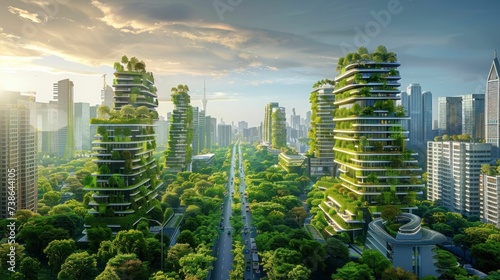 Eco-friendly smart city powered by 5G technology, with green buildings and renewable energy sources