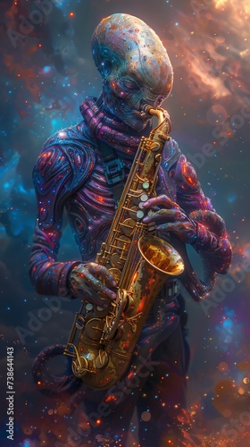 Alien musician with holographic instruments entrancing cosmic concert © AlexCaelus