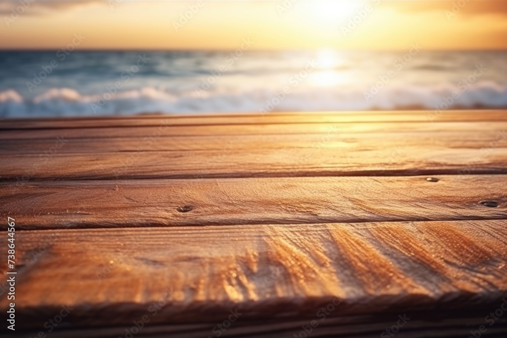 A wooden table with a beautiful sunset in the background. Perfect for adding a warm and cozy atmosphere to any project or design