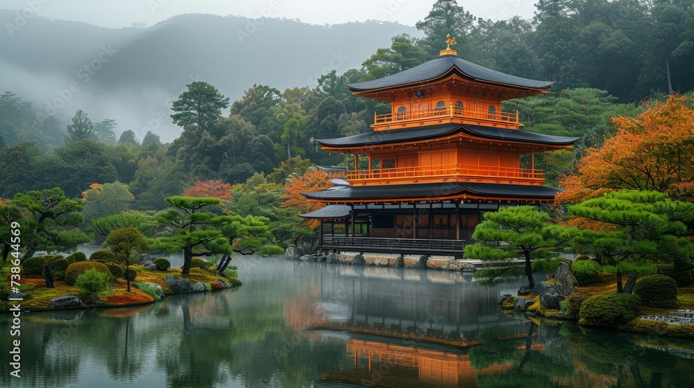 Traditional Asian Pagoda in a Zen Garden: A peaceful scene featuring a traditional Asian pagoda surrounded by a serene Zen garden, conveying tranquility.