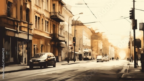 A painting depicting a city street with cars driving down it. Perfect for urban scenes and transportation themes © Fotograf