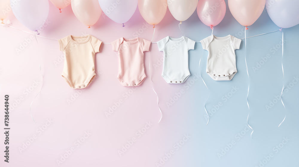 Urodzinowe minimalistyczne jasne tło na życzenia lub metryczkę z balonami i dekoracjami - narodziny dziecka - dziewczynki lub chłopca. - obrazy, fototapety, plakaty 