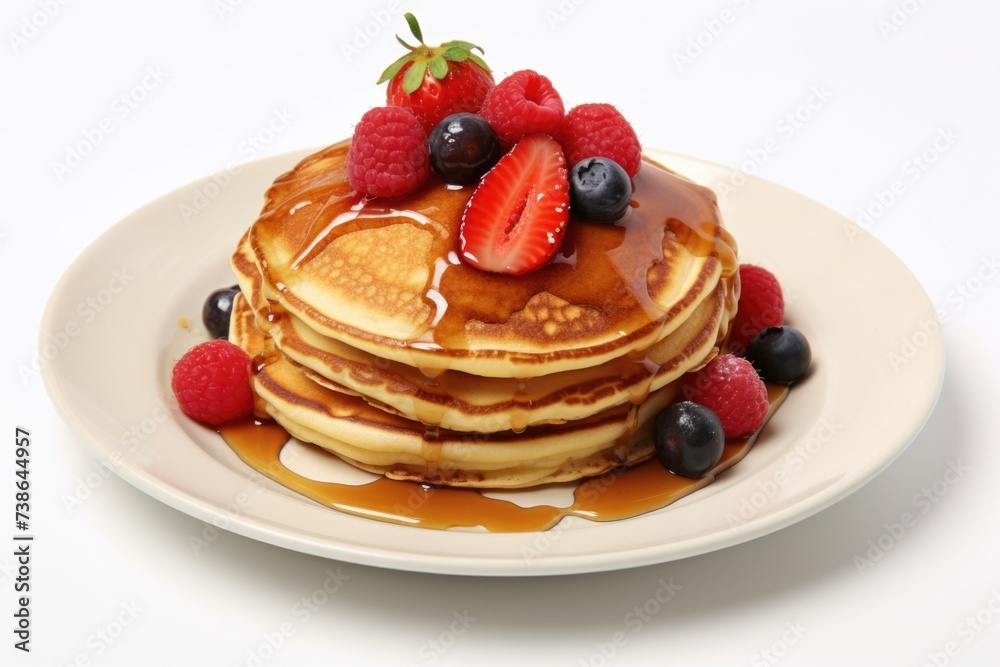 A delicious plate of pancakes topped with syrup and fresh berries. Perfect for breakfast or brunch