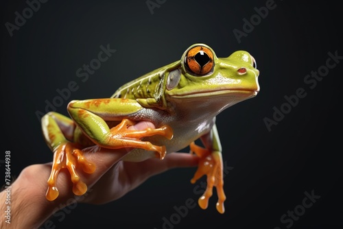 A hand holding a green frog with orange eyes. Perfect for nature lovers and animal enthusiasts