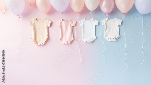 Urodzinowe minimalistyczne jasne tło na życzenia lub metryczkę z balonami i dekoracjami - narodziny dziecka - dziewczynki lub chłopca. © yeseyes9