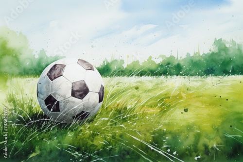 A watercolor painting of a soccer ball in a field. Suitable for sports-related designs and illustrations