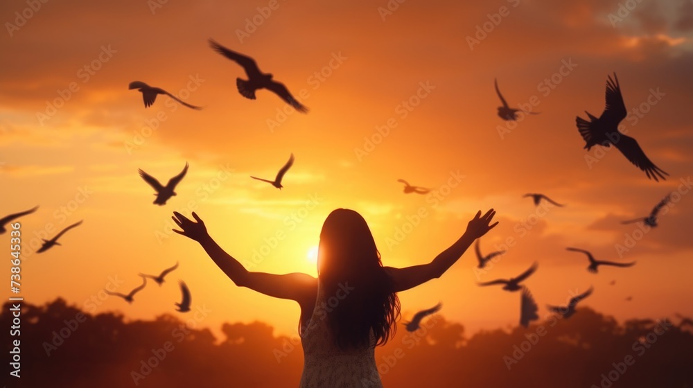A woman stands in front of a flock of birds. This image can be used to ...