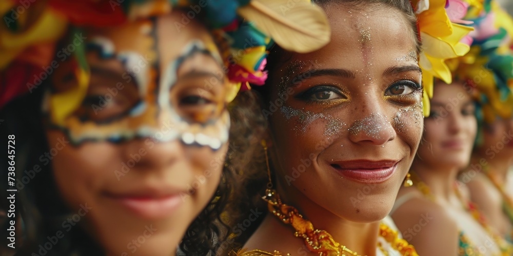 Obraz premium Women wearing face paint and adorned with flower headpieces. Perfect for festivals, celebrations, and cultural events