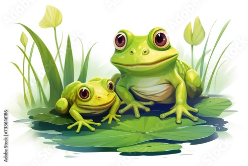 Two frogs sitting on top of a leaf. Great for nature and wildlife themes