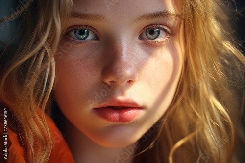 A close-up view of a young girl with freckles on her face. This image can be used to depict natural beauty, innocence, or youthfulness