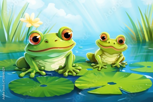 Two frogs perched on a vibrant green leaf. Suitable for nature and wildlife themes © Fotograf