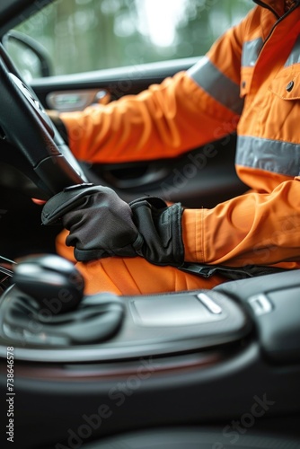 A man wearing an orange jacket is driving a car © Fotograf