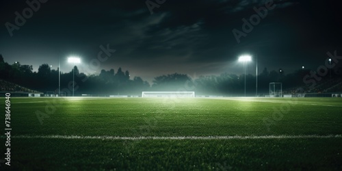 A nighttime view of a soccer field illuminated by floodlights. Perfect for sports enthusiasts or soccer-themed projects © Fotograf