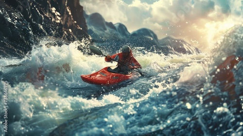 A man in a red kayak paddling through a wave. Suitable for water sports and adventure themes © Fotograf